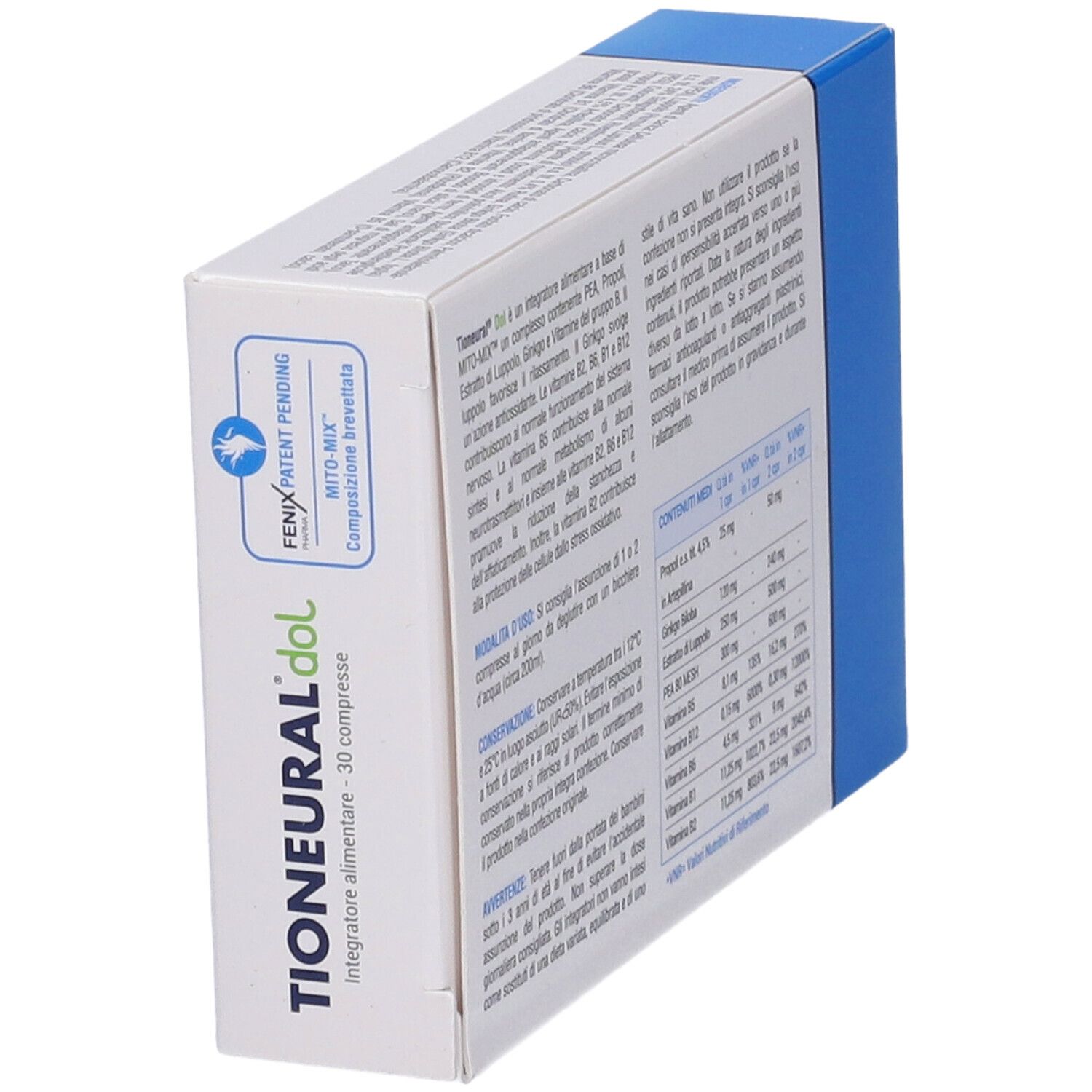 Scatola Tioneural Dol, vista obliqua. Contiene informazioni sugli ingredienti e l'uso. Marchio: FENIX PHARMA.