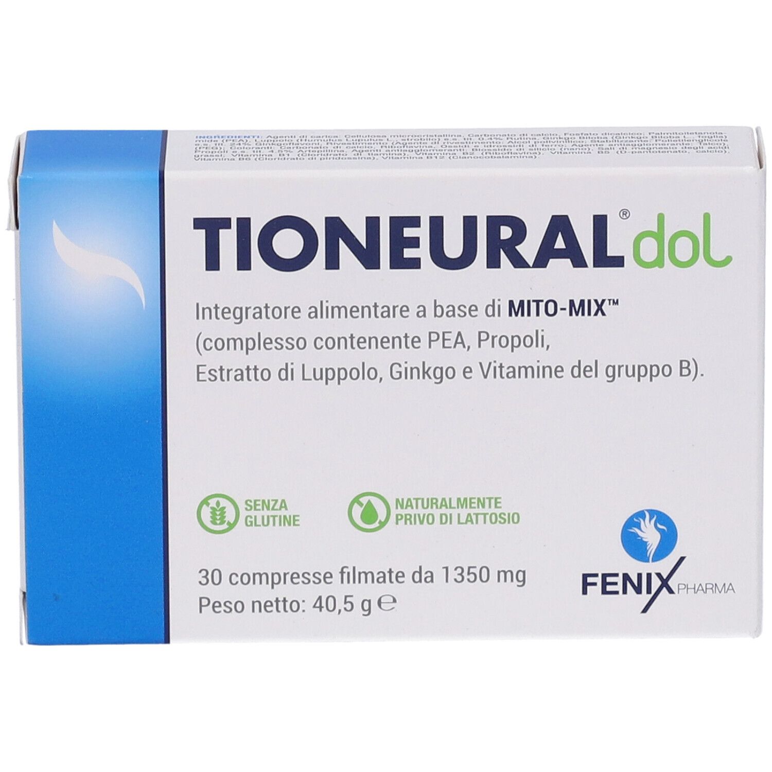 Scatola di Tioneural Dol. Contiene 30 compresse. Scritte: Senza glutine, naturalmente privo di lattosio. Marchio: FENIX PHARMA.