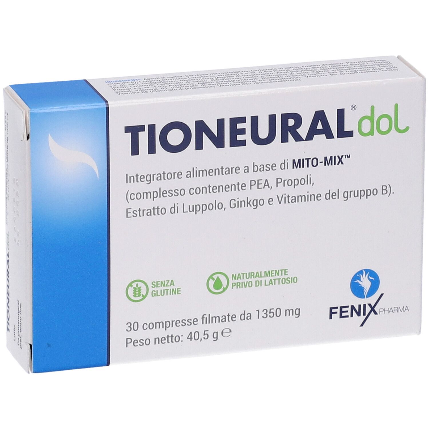 Scatola di Tioneural Dol. Contiene 30 compresse. Scritte: Senza glutine, naturalmente privo di lattosio. Marchio: FENIX PHARMA.