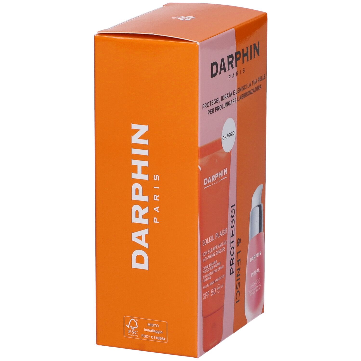 Confezione arancione Darphin. Testo: Darphin. Logo FSC. Contiene crema solare e siero. Iscrizioni: Darphin, Soleil Plaisir, SPF 50, Intral.