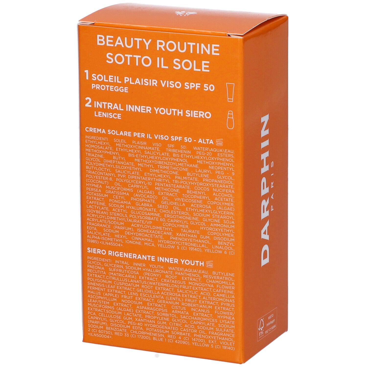 Confezione arancione Darphin. Testo: Beauty Routine, Soleil Plaisir, SPF 50, Intral Inner Youth Siero. Ingredienti sul retro.