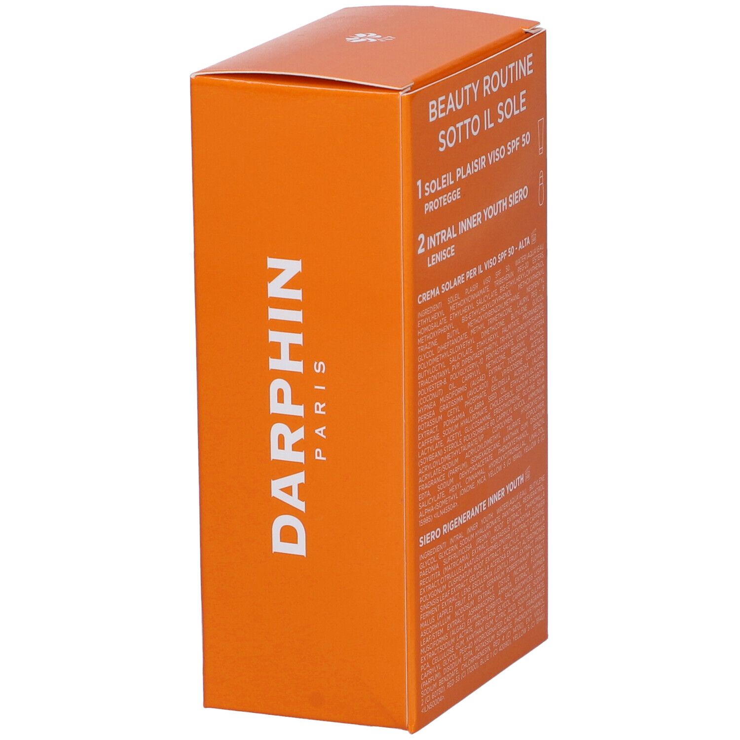 Confezione arancione Darphin. Testo: Beauty Routine, Soleil Plaisir, SPF 50, Intral Inner Youth Siero. Logo Darphin.