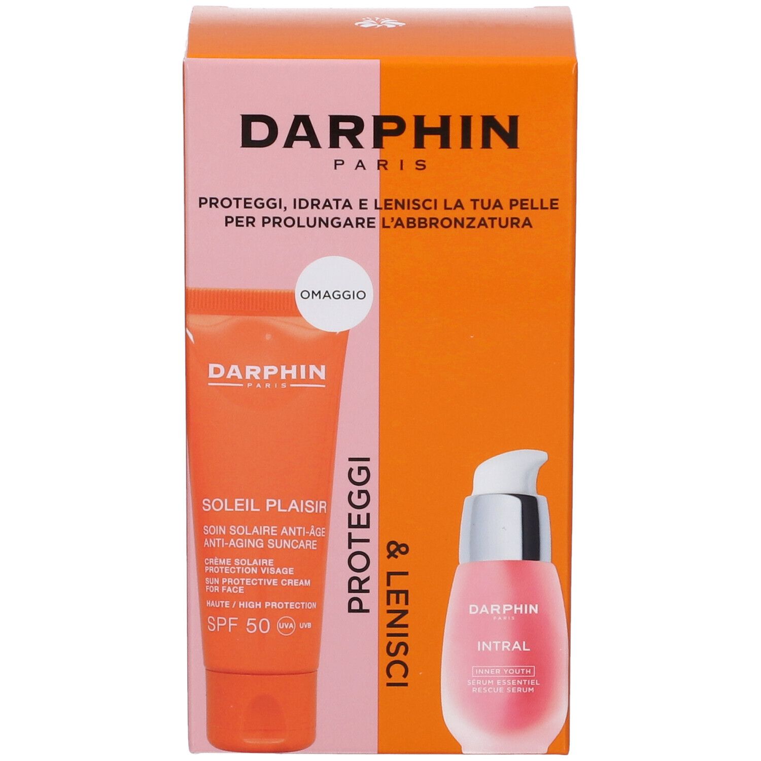 Confezione Darphin. Contiene crema solare e siero. Testo: Darphin, Soleil Plaisir, SPF 50, Intral. Confezione rosa e arancione.