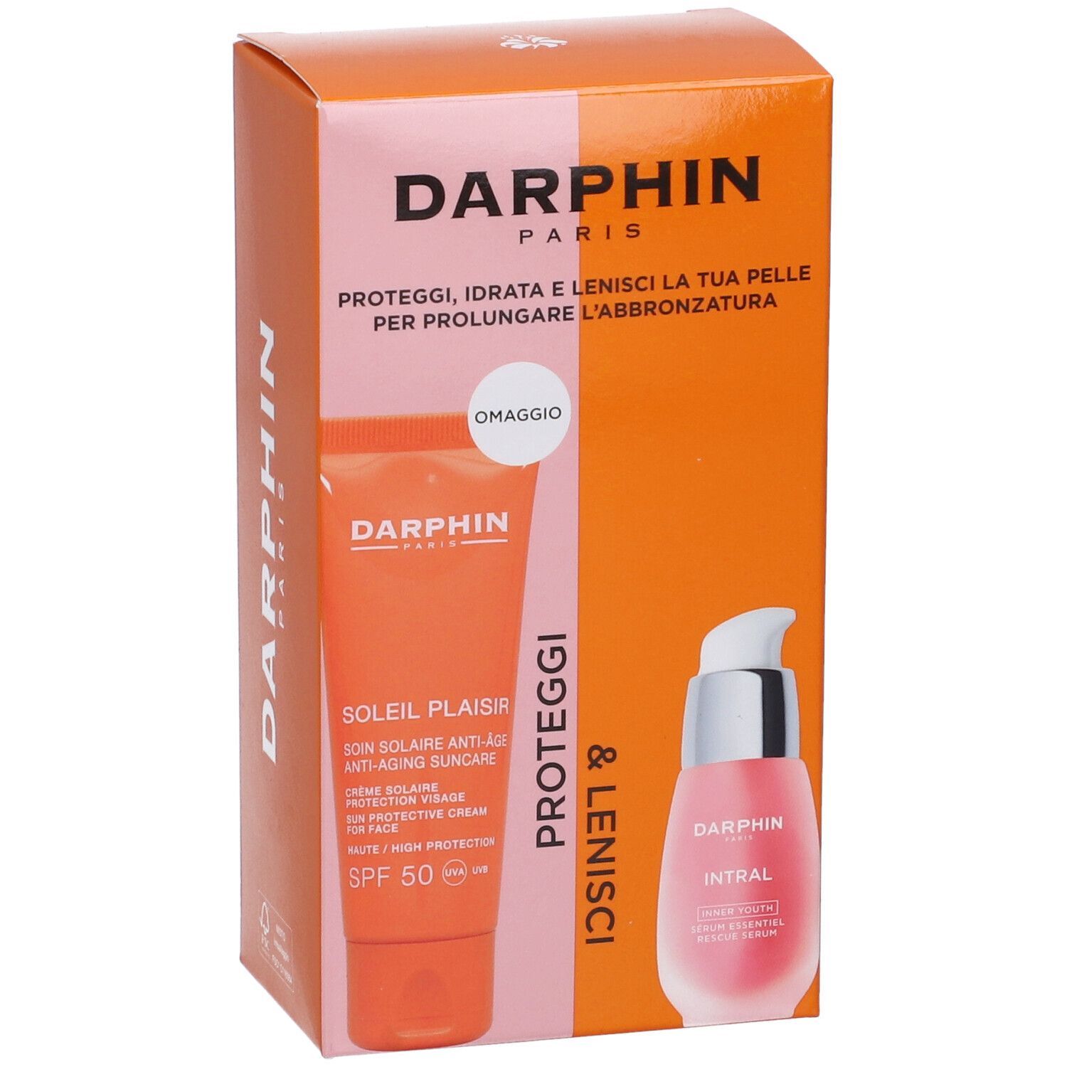 Confezione Darphin. Contiene crema solare e siero. Testo: Darphin, Soleil Plaisir, SPF 50, Intral. Confezione rosa e arancione.