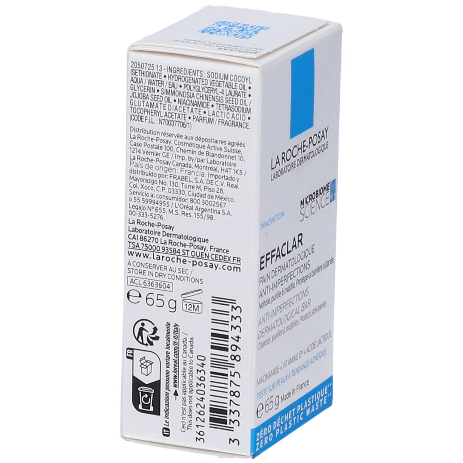 Vista laterale della scatola bianca. Scritto: La Roche-Posay, Effaclar, ingredienti, 65g, codice a barre, simbolo di riciclaggio.