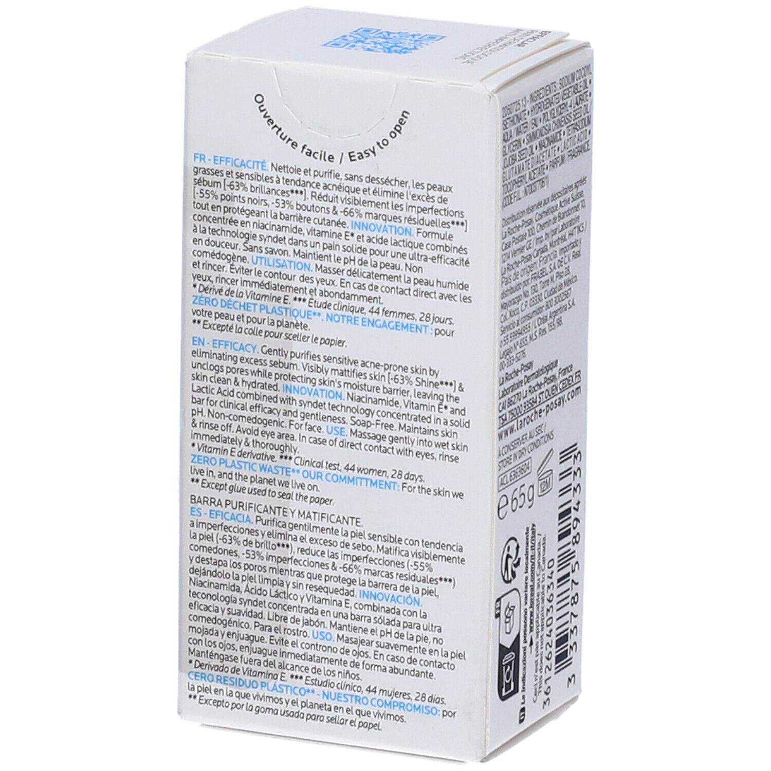 Retro della scatola bianca. Testo multilingue. Scritto: Effaclar, zero rifiuti di plastica, 65g, simbolo di riciclaggio.