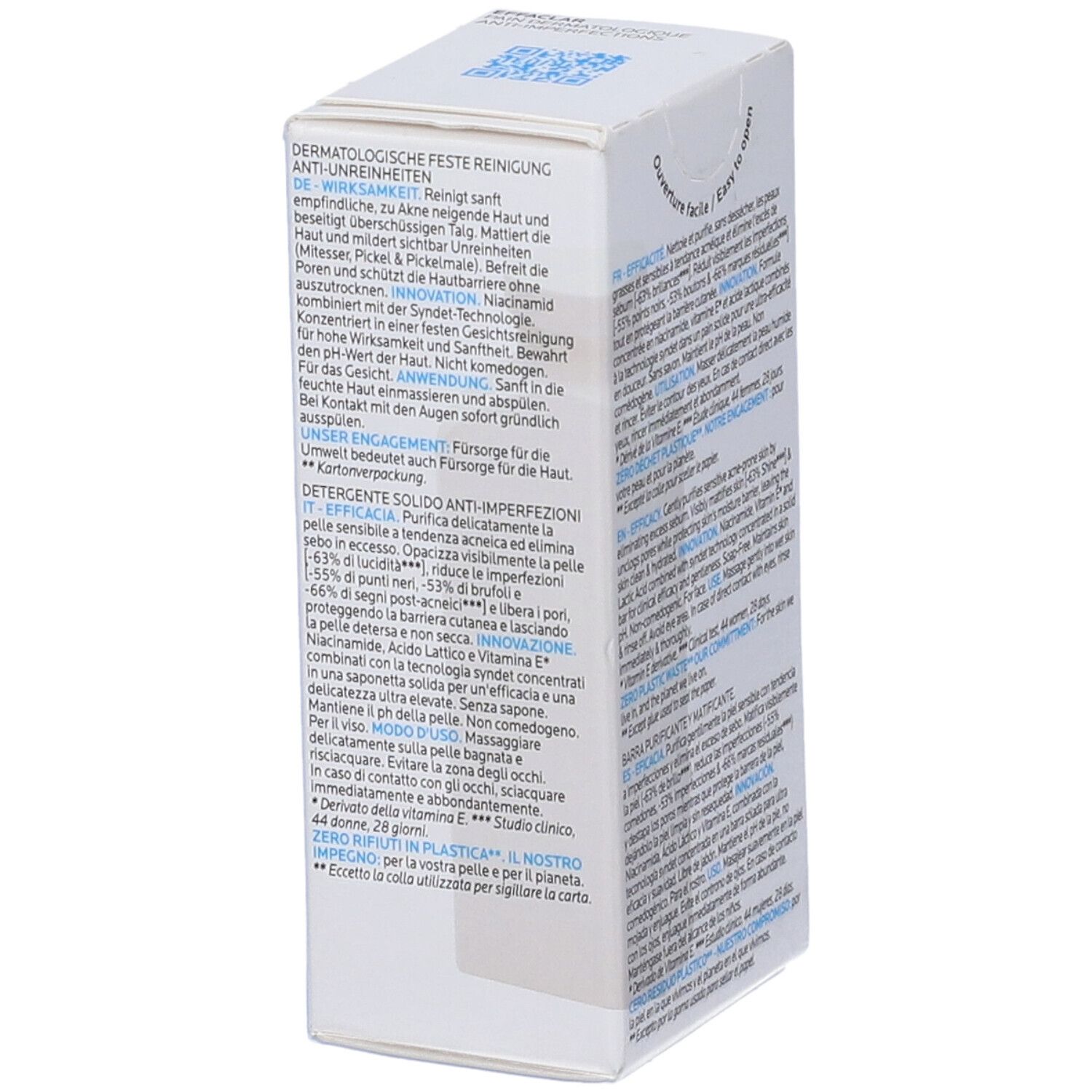 Vista della scatola. Testo in tedesco. Scritto: Effaclar, anti-imperfezioni, bar dermatologico. 65g, simbolo di riciclaggio.
