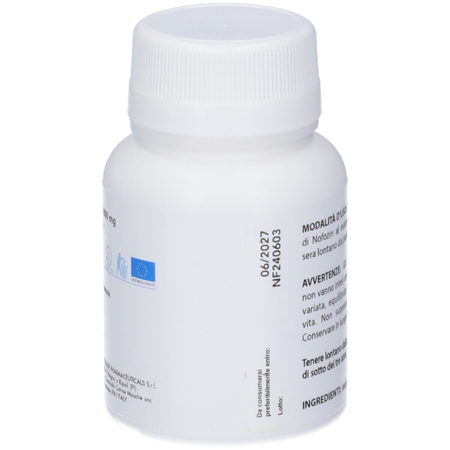 Flacone bianco, retro con testo e logo UE. Scadenza 06/2027. Marchio Bio-stilogit Pharmaceuticals.