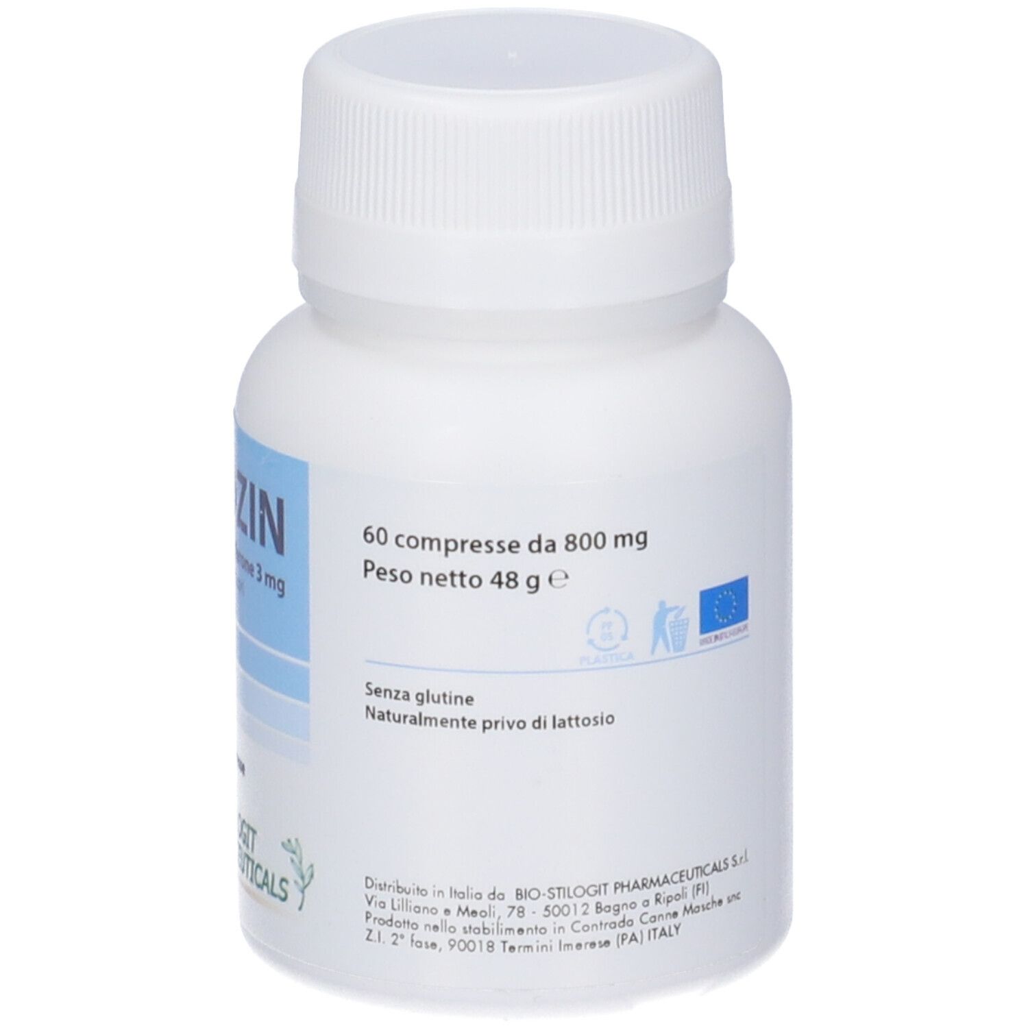 Flacone bianco con testo. Contiene 60 compresse. Peso netto 48 g. Marchio Bio-stilogit Pharmaceuticals.