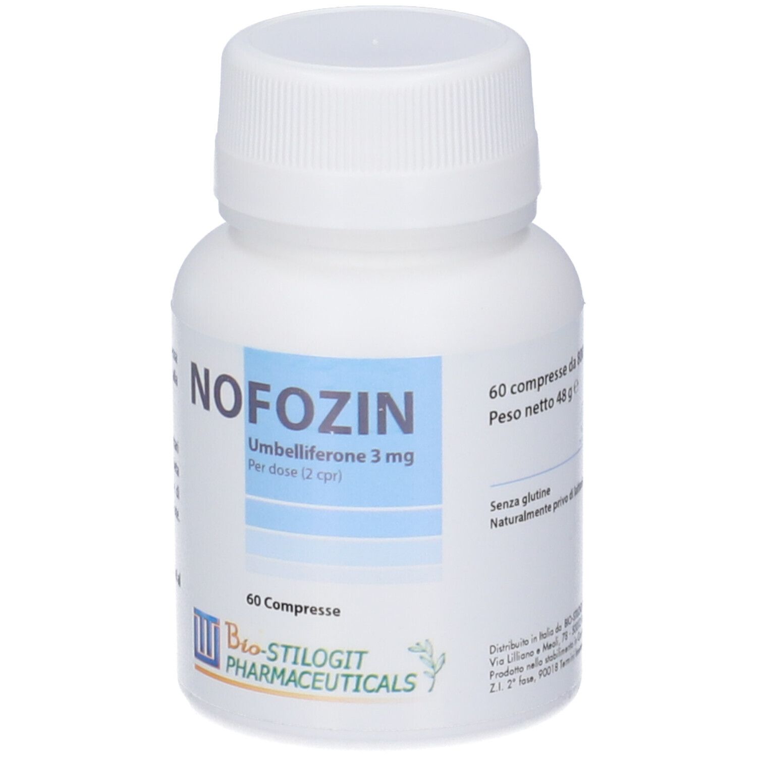 Flacone bianco con etichetta blu. Scritta NOFOZIN, Umbelliferone 3 mg, 60 compresse. Marchio Bio-stilogit Pharmaceuticals.