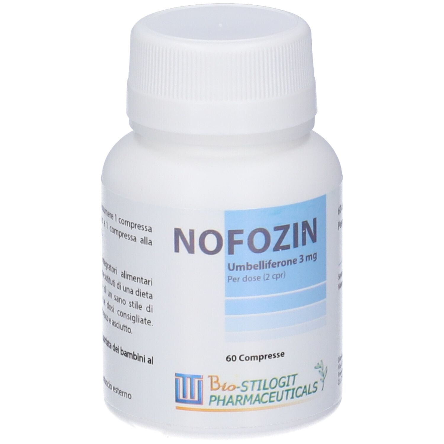 Flacone bianco con etichetta blu. Scritta NOFOZIN, Umbelliferone 3 mg, 60 compresse. Marchio Bio-stilogit Pharmaceuticals.