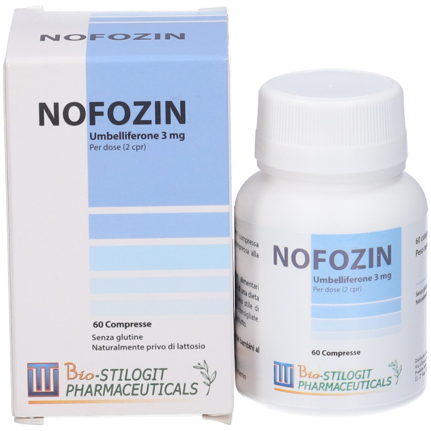 Confezione del prodotto con flacone e scatola. Scritta NOFOZIN, Umbelliferone 3 mg, 60 compresse. Marchio Bio-stilogit Pharmaceuticals.