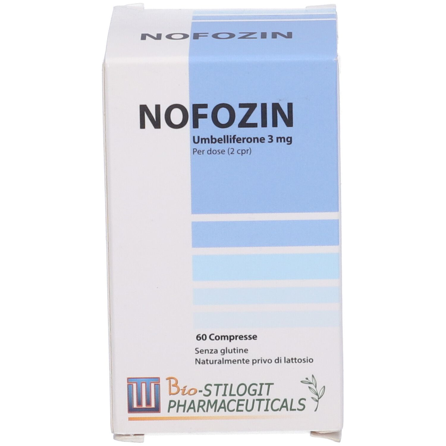 Confezione del prodotto. Scritta NOFOZIN, Umbelliferone 3 mg, 60 compresse. Marchio Bio-stilogit Pharmaceuticals.