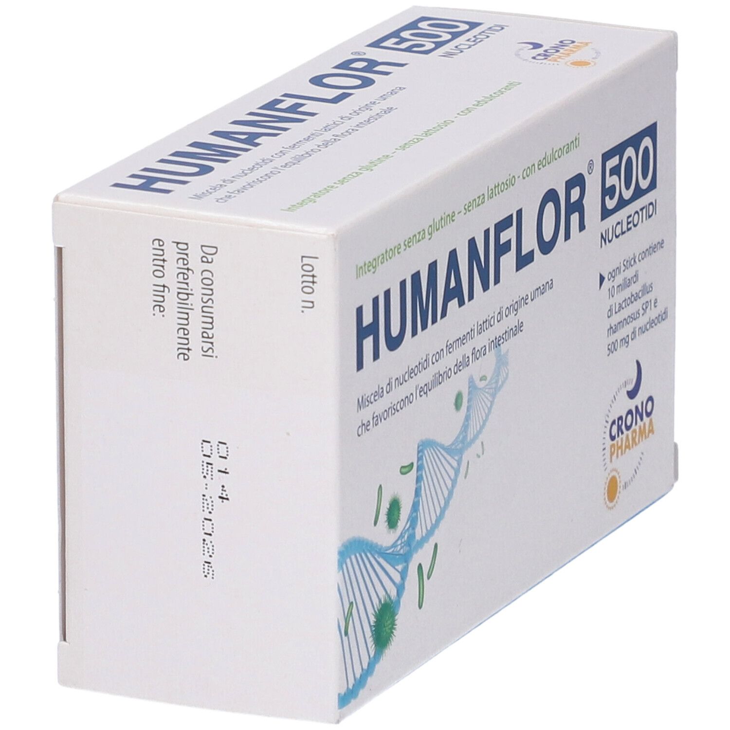 Scatola Humanflor 500 Nucleotidi. Confezione bianca con nome e logo del prodotto. Contiene 8 stick. Testo in italiano.