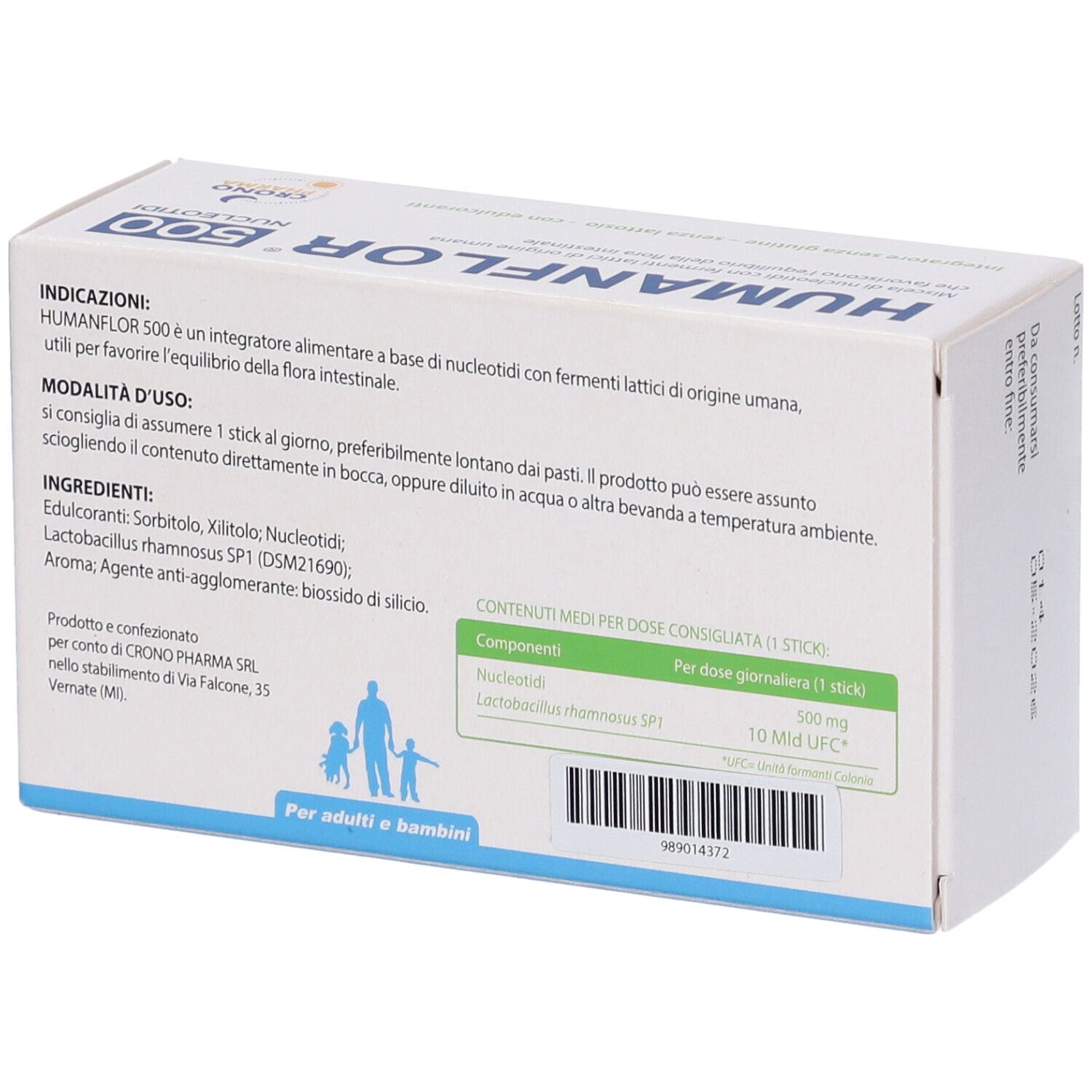 Scatola Humanflor 500 Nucleotidi. Confezione bianca con nome e logo del prodotto. Contiene 8 stick. Testo in italiano.