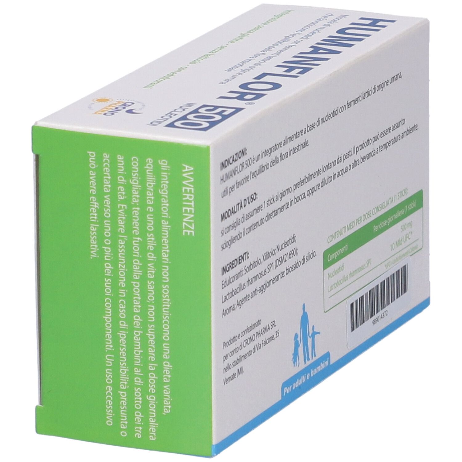 Scatola Humanflor 500 Nucleotidi. Confezione bianca con nome e logo del prodotto. Contiene 8 stick. Testo in italiano.