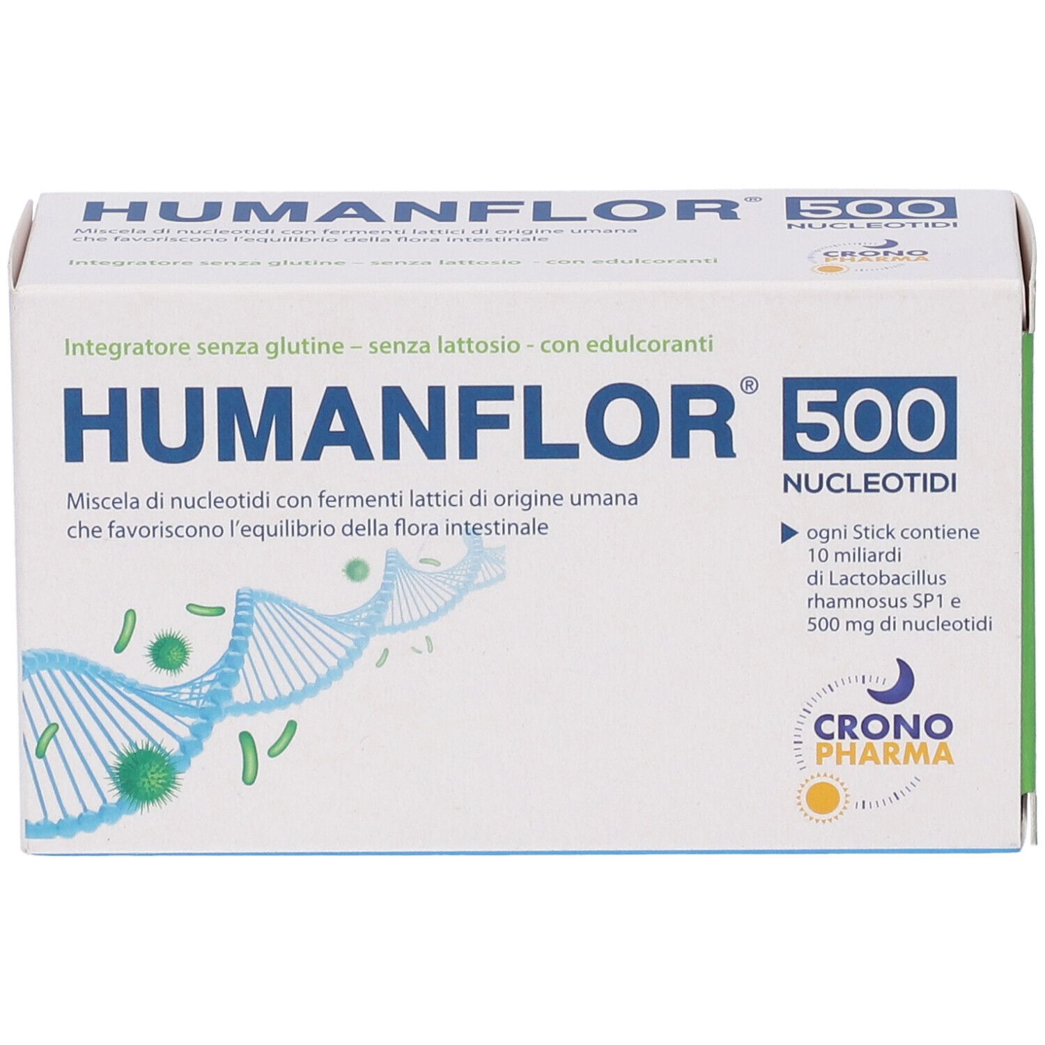 Scatola Humanflor 500 Nucleotidi. Confezione bianca con nome e logo del prodotto. Contiene 8 stick. Testo in italiano.