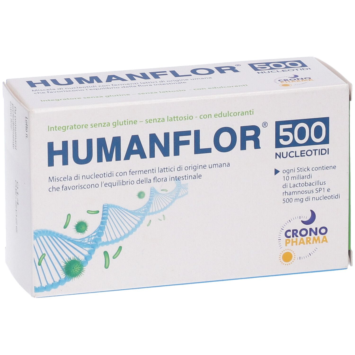 Scatola Humanflor 500 Nucleotidi. Confezione bianca con nome e logo del prodotto. Contiene 8 stick. Testo in italiano.