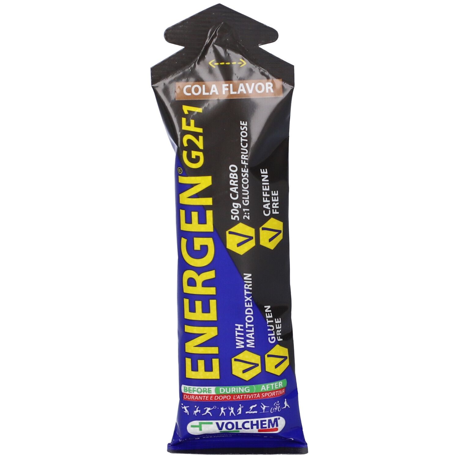 Confezione gel Energen G2F1. Contiene maltodestrina, senza glutine e caffeina. Gusto cola. Scritta blu e gialla.