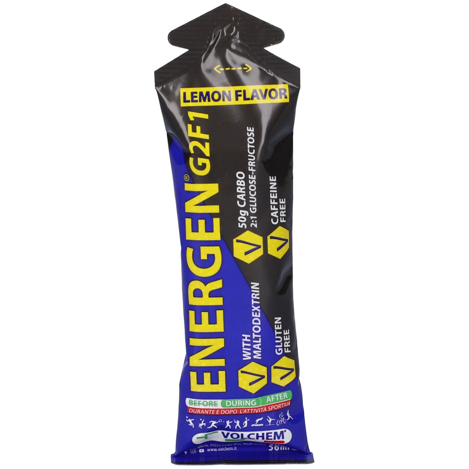 Gel Energen G2F1, gusto limone. Confezione nera con elementi gialli e blu. Contiene maltodestrina, senza glutine, senza caffeina.