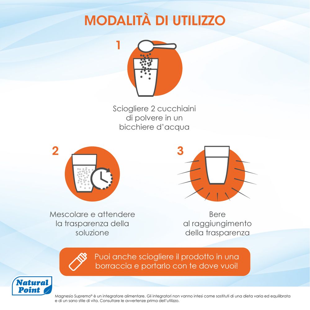 Modalità d'uso: sciogliere la polvere in acqua, mescolare, bere. Per Magnesio Supremo.