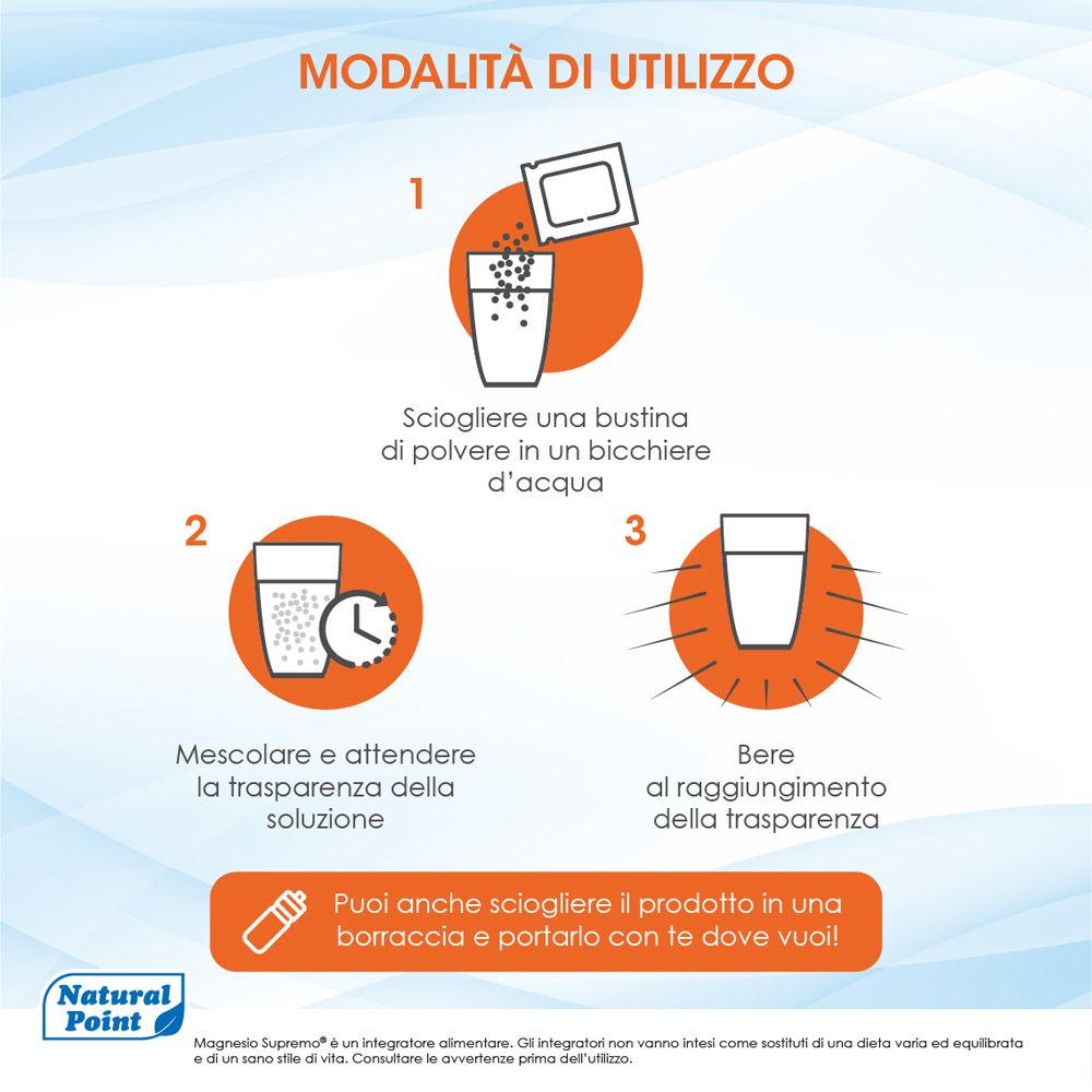 Modalità d'uso Magnesio Supremo Potassio+: sciogliere in acqua, mescolare, bere. Adatto anche da portare con sé.