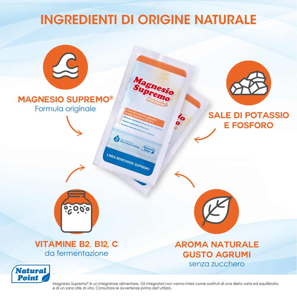 Ingredienti Magnesio Supremo Potassio+: Magnesio, Potassio, Fosforo, Vitamine B2, B12, C. Aroma agrumi naturale, senza zucchero.