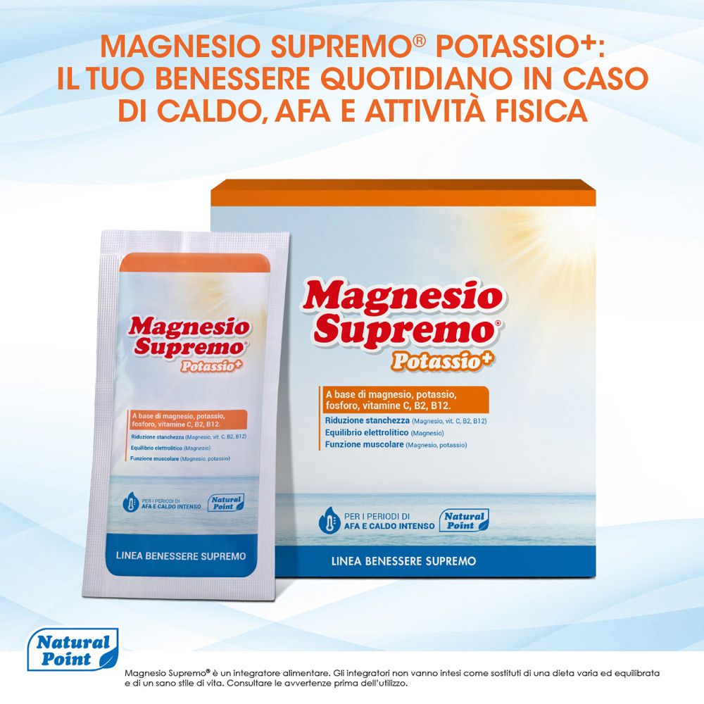 Immagine prodotto Magnesio Supremo Potassio+: una scatola e una bustina singola.