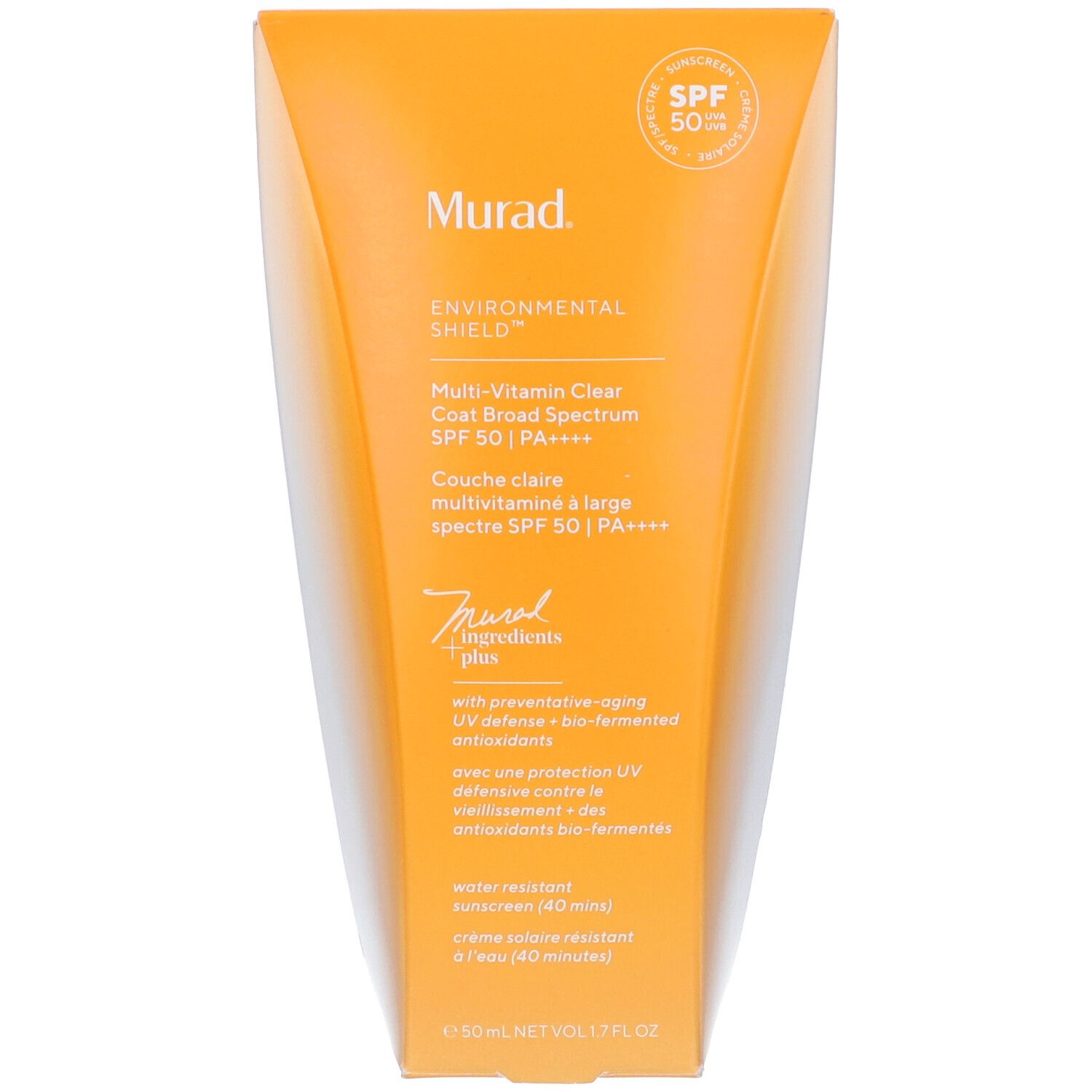 Tubo arancione con tappo bianco. Scritta: Murad Environmental Shield Multi-Vitamin Clear Coat Broad Spectrum SPF 50. Sigillo.