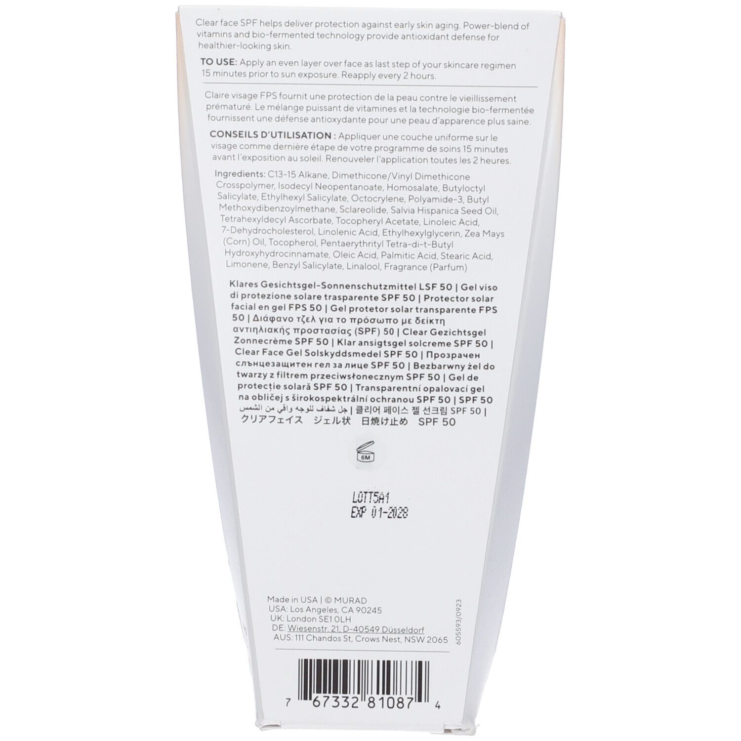 Scatola bianca con testo. Contiene informazioni su ingredienti, uso e produttore. Multilingue.