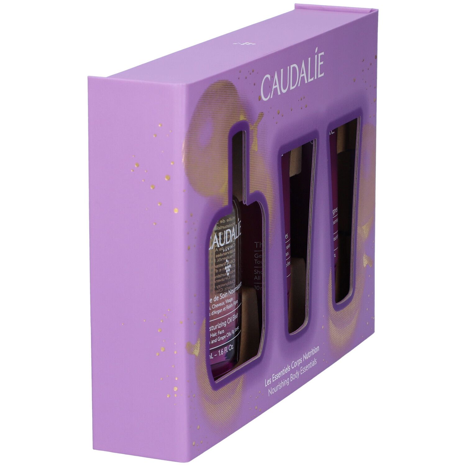 Cofanetto Caudalíe, vista laterale. Confezione viola con prodotti. Logo Caudalíe in alto.
