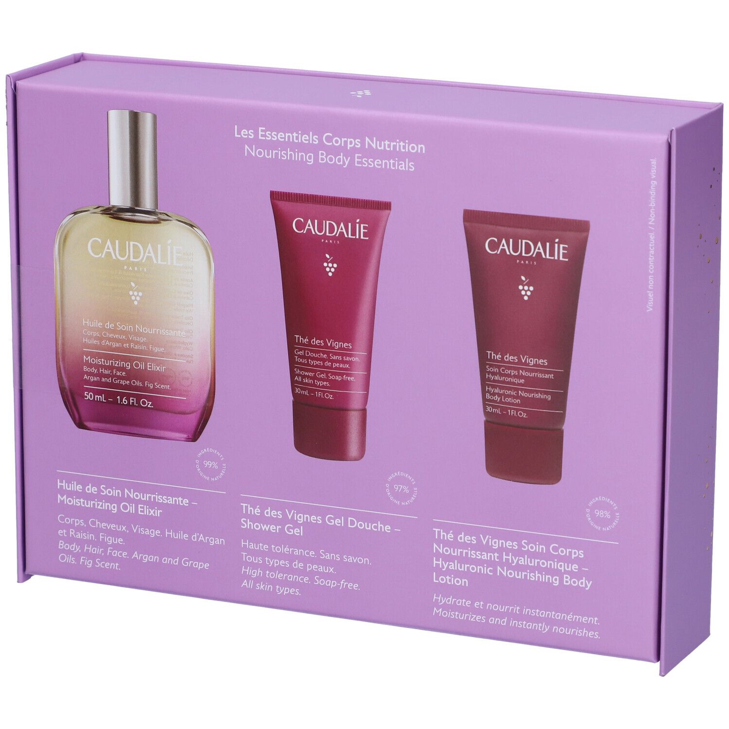 Cofanetto Caudalíe. Contiene olio, gel doccia e lozione. Prodotti con etichette.