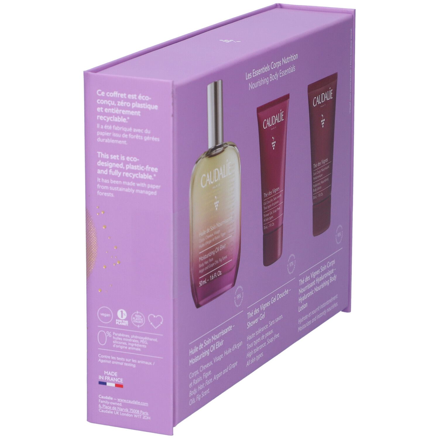 Cofanetto Caudalíe, retro. Confezione viola con illustrazioni e testo.