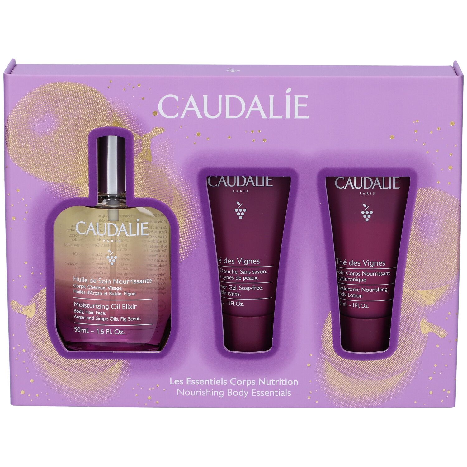 Cofanetto Caudalíe. Contiene olio, gel doccia e lozione. Confezione viola con dettagli dorati.