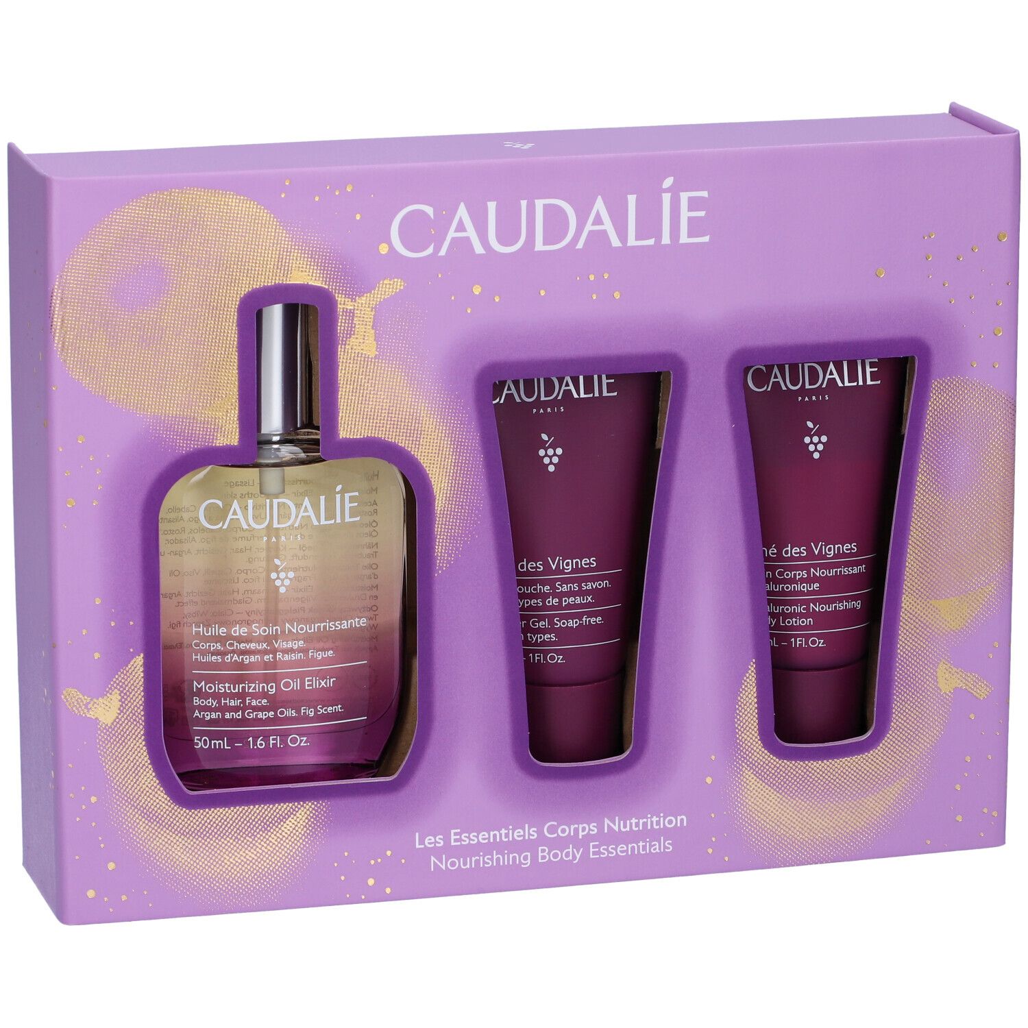 Cofanetto Caudalíe. Contiene olio, gel doccia e lozione. Confezione viola con dettagli dorati.