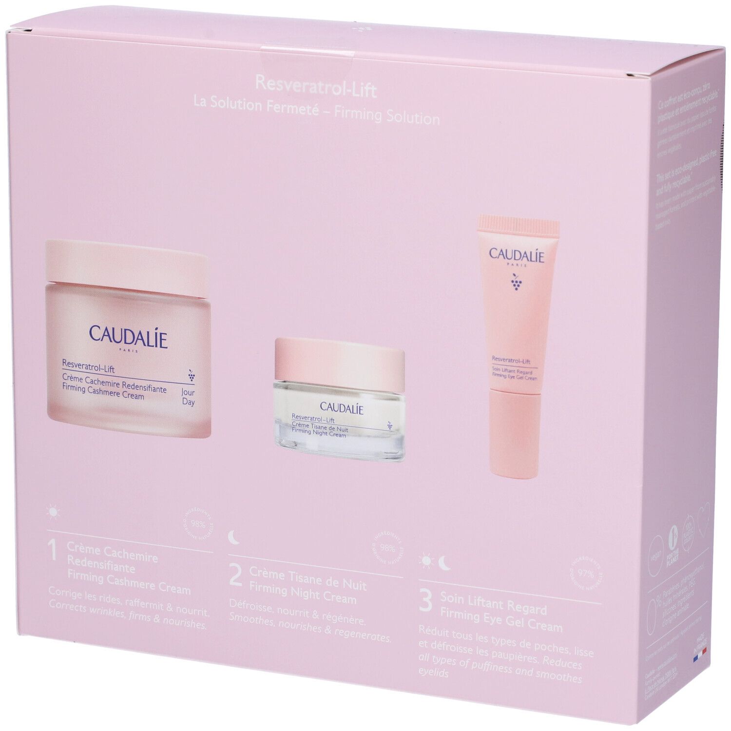 Scatola rosa con tre prodotti Caudalie Resveratrol-Lift. Crema, crema notte e contorno occhi. Scritte visibili.