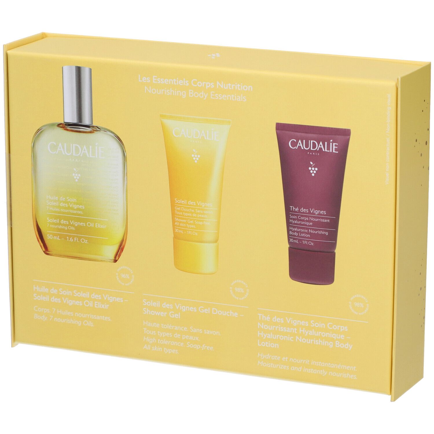 Confezione regalo gialla con tre prodotti: olio, gel doccia e lozione. Logo Caudalie e nomi dei prodotti visibili.