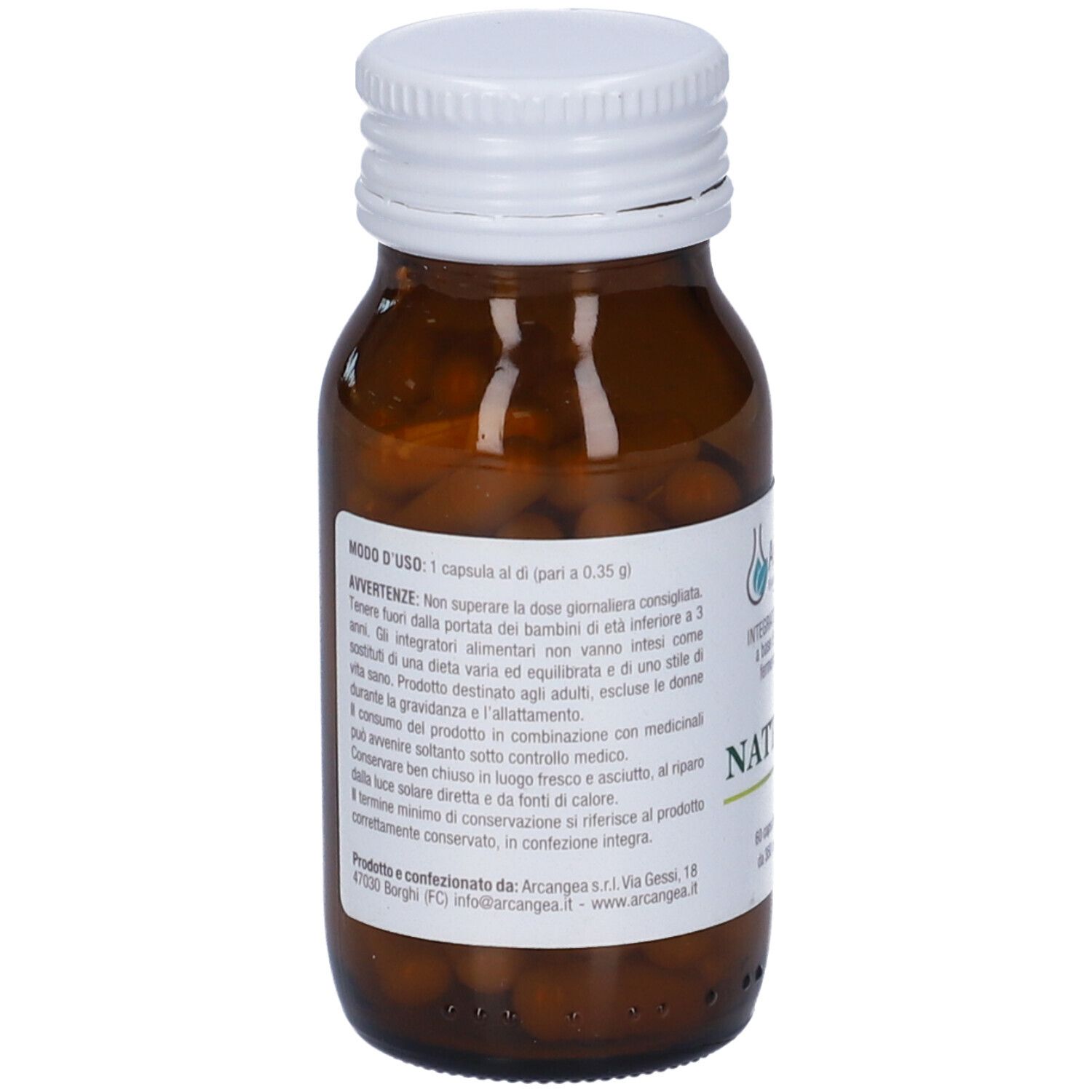 Retro del flacone di vetro marrone con tappo bianco. Etichetta con testo. Contiene capsule.