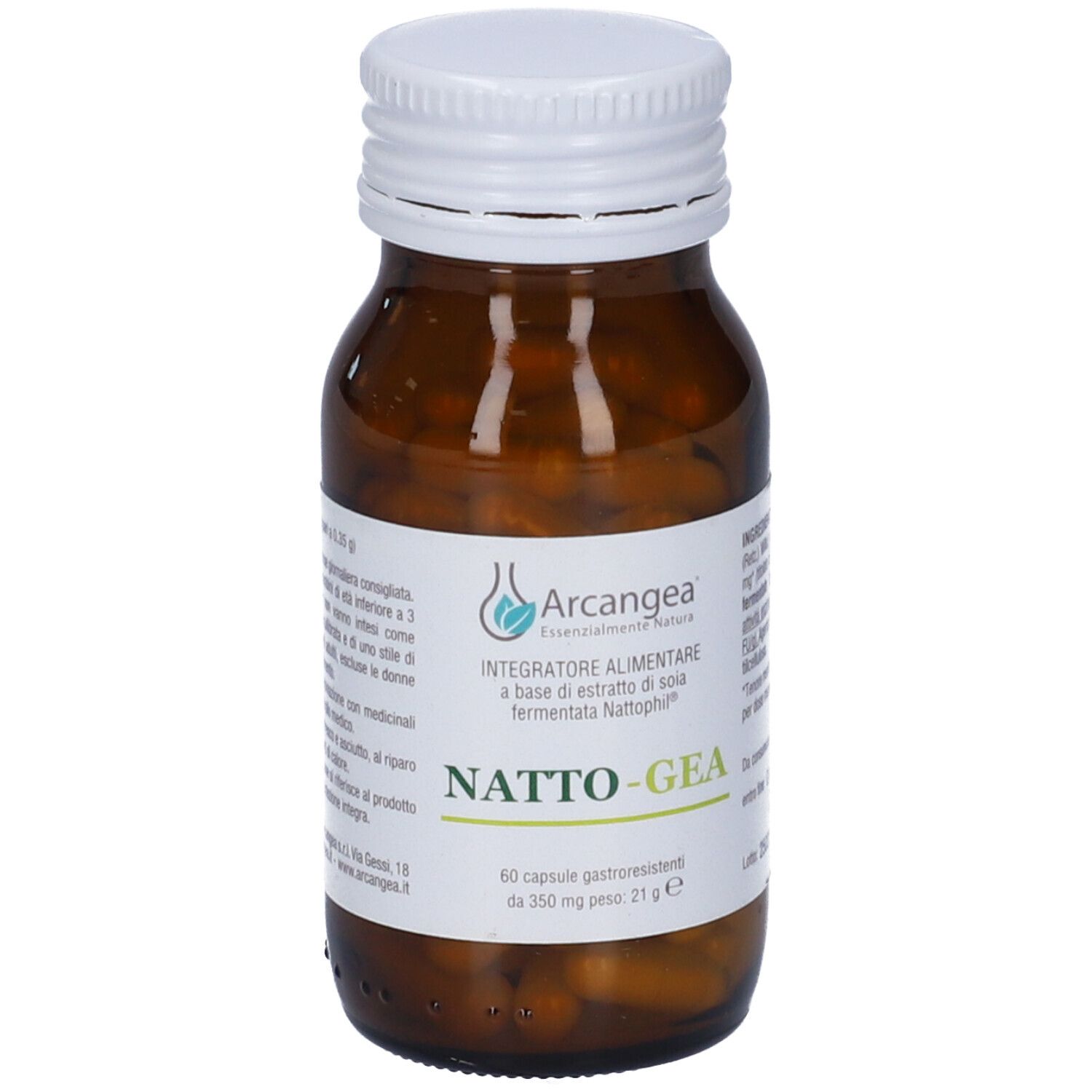 Flacone di vetro marrone con tappo bianco. Etichetta con nome e logo del prodotto. Contiene capsule.