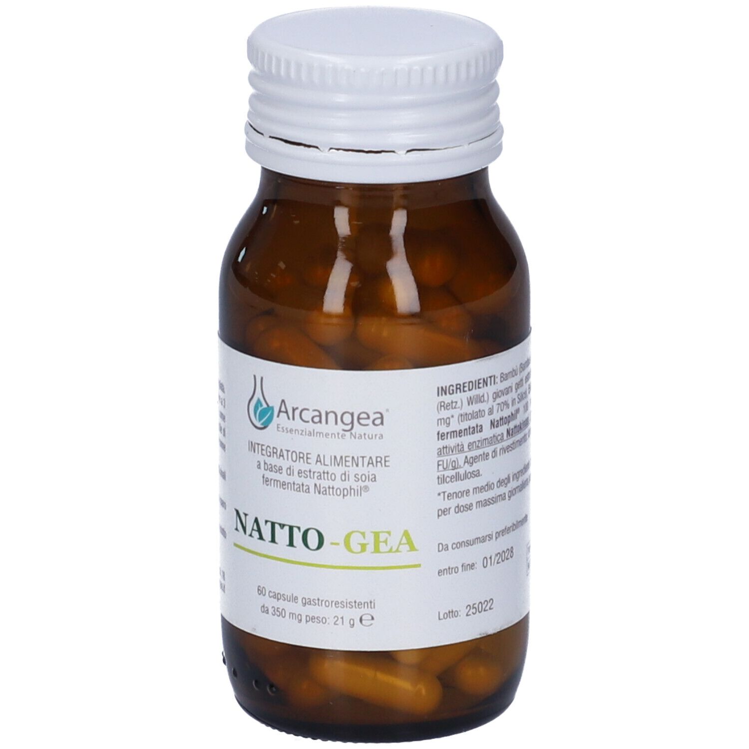 Flacone di vetro marrone con tappo bianco. Etichetta con nome, logo e testo del prodotto. Contiene capsule.