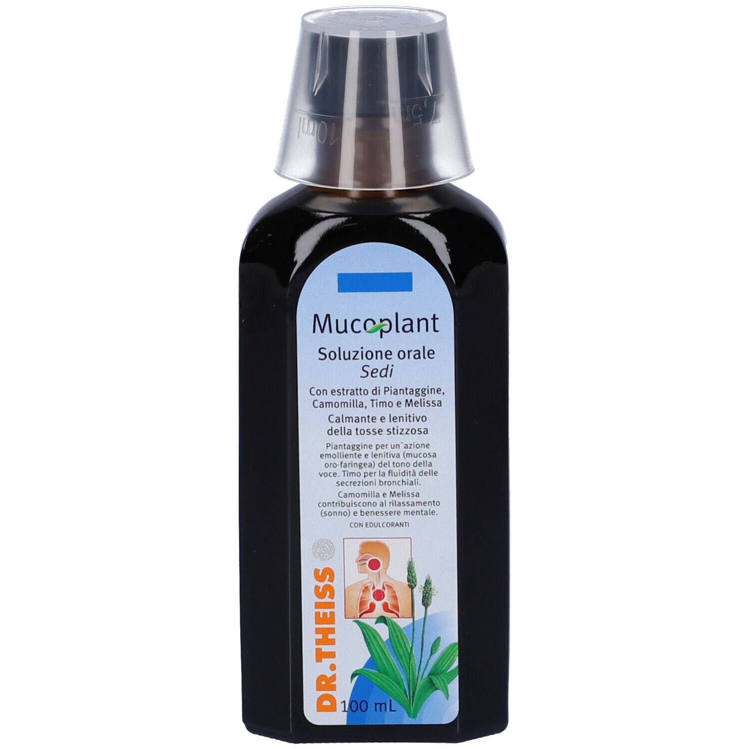 Retro del flacone. Elenco ingredienti e istruzioni per il dosaggio. Scritta Mucoplant, Soluzione, Sedi.