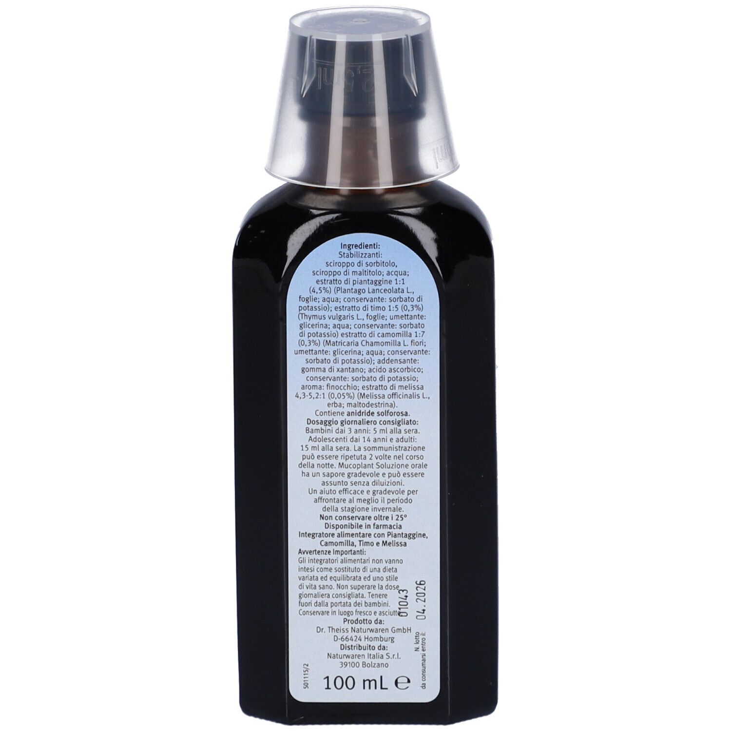 Scatola con scritta Mucoplant, Soluzione, Sedi. Con estratti vegetali. Logo Dr. Theiss. Tabella nutrizionale.