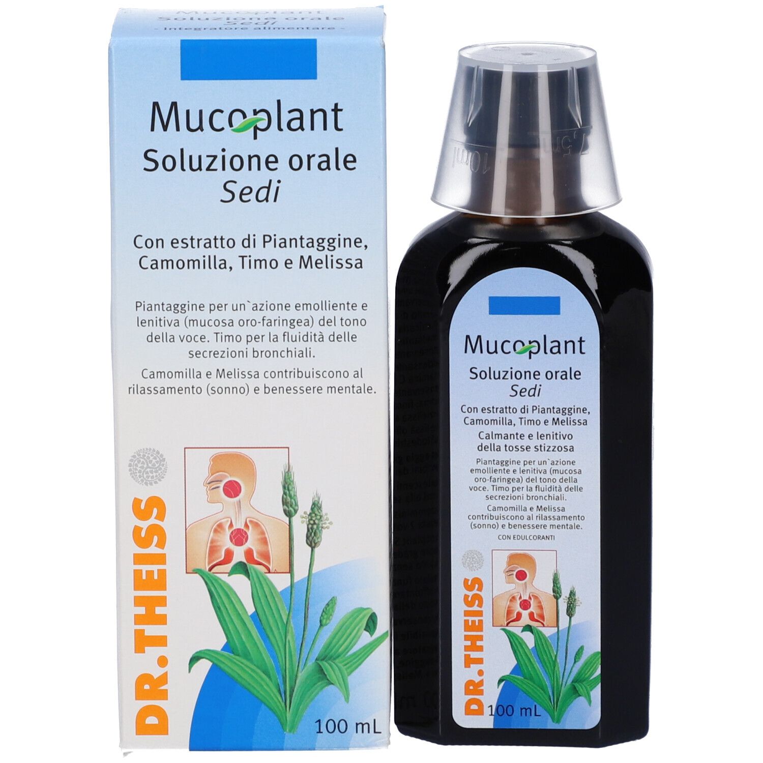 Scatola con scritta Mucoplant, Soluzione, Sedi. Con estratti vegetali. Logo Dr. Theiss.