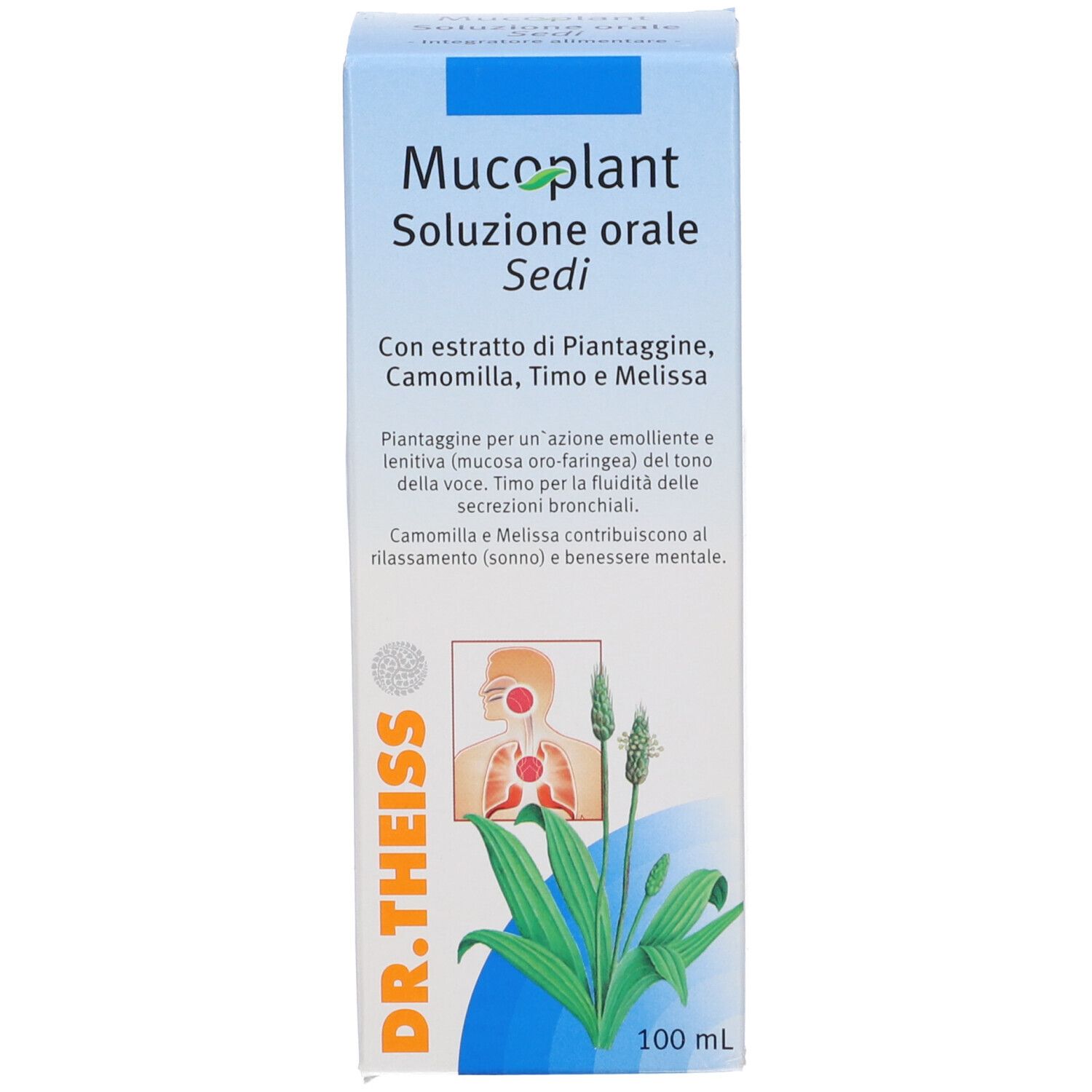 Scatola con scritta Mucoplant, Soluzione, Sedi. Con estratti vegetali. Logo Dr. Theiss.