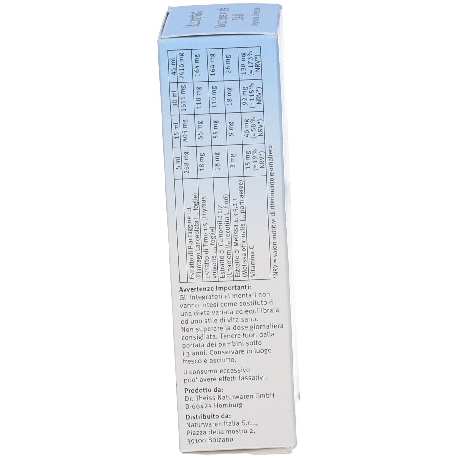 Scatola con scritta Mucoplant, Soluzione, Sedi. Con estratti vegetali. Logo Dr. Theiss.