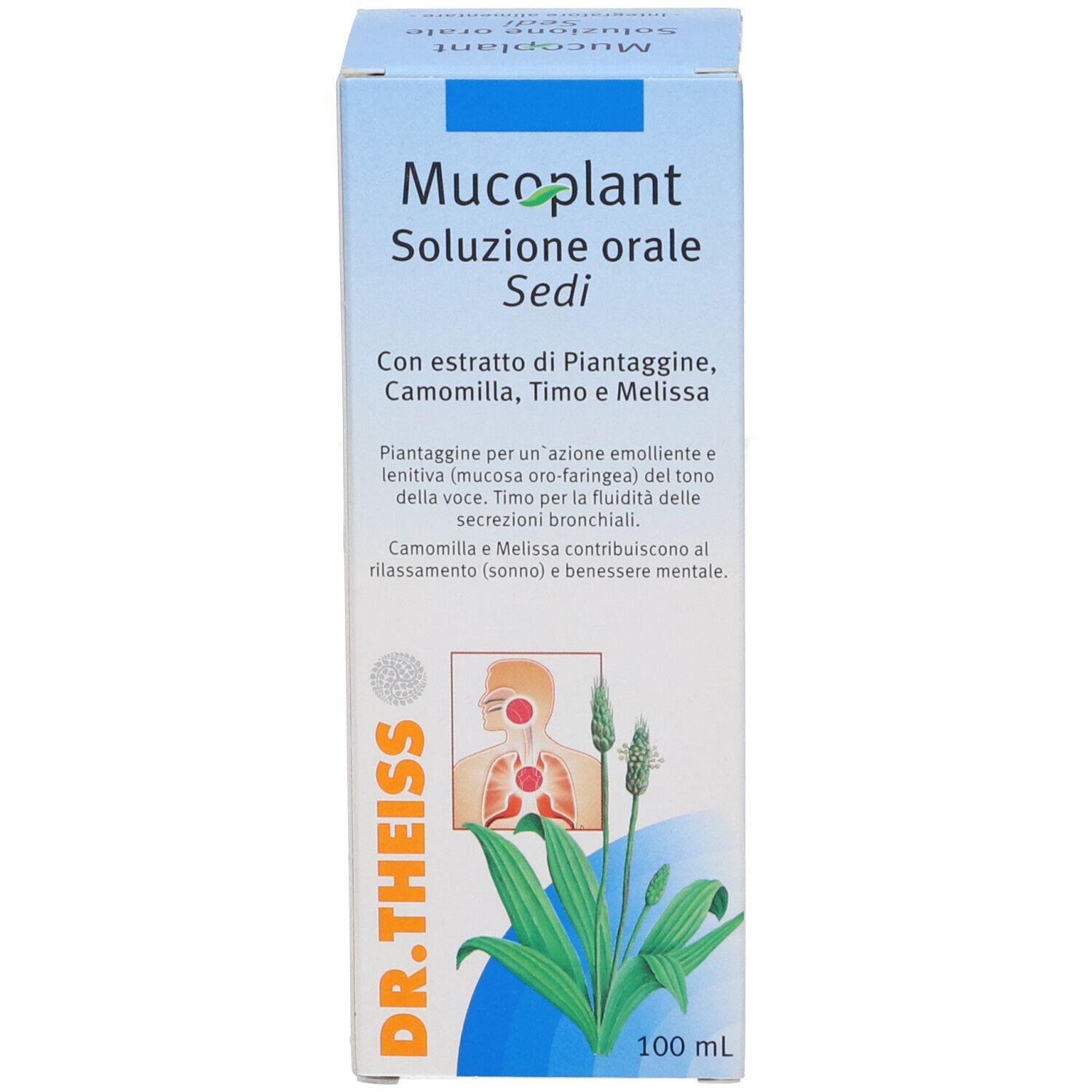 Scatola con scritta Mucoplant, Soluzione, Sedi. Con estratti vegetali. Logo Dr. Theiss.