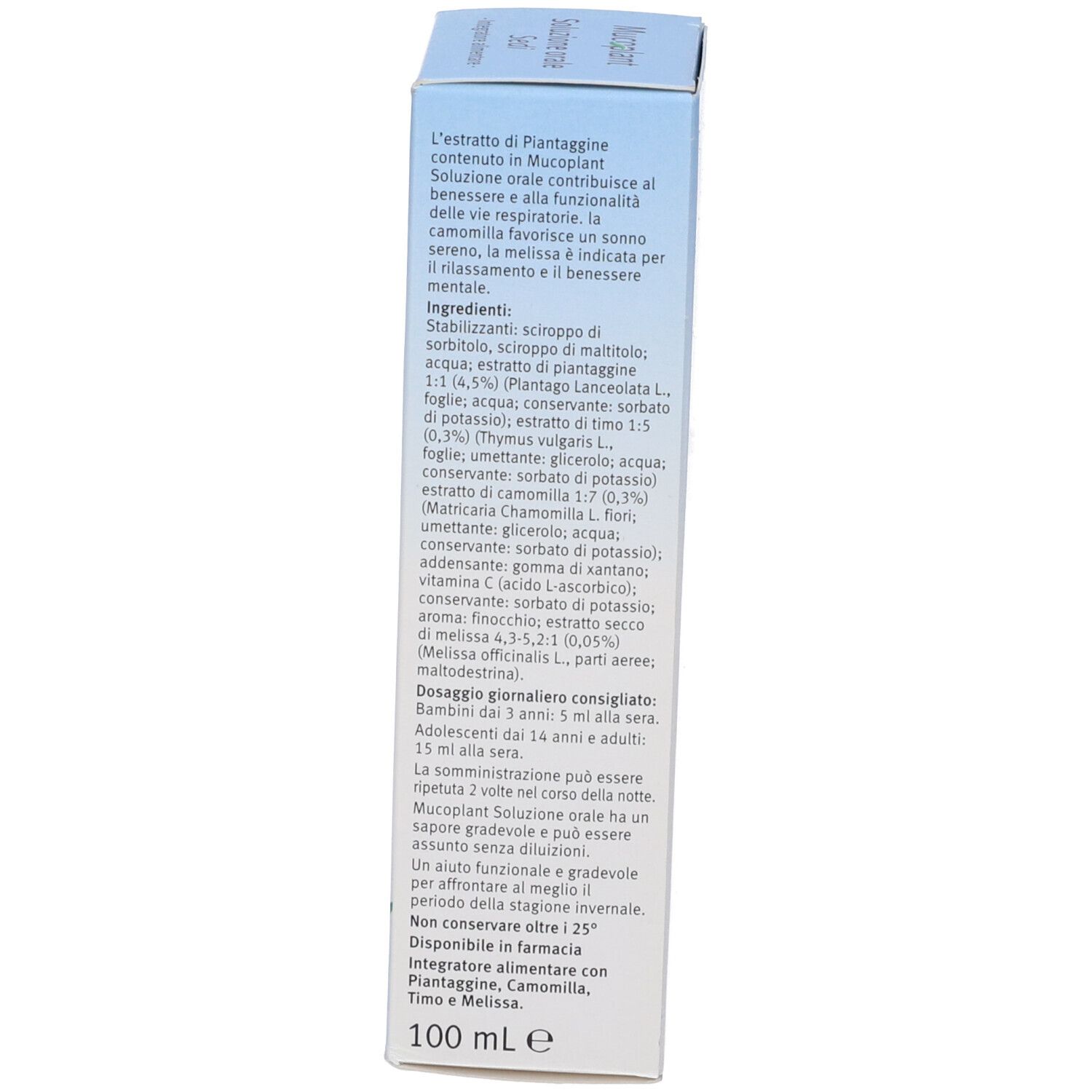 Scatola con scritta Mucoplant, Soluzione, Sedi. Con estratti vegetali. Logo Dr. Theiss.