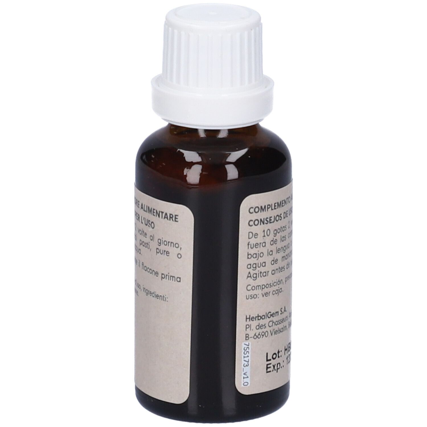 Flacone di vetro marrone con tappo bianco. Retro con testo. "HerbalGem Optigem Vista".