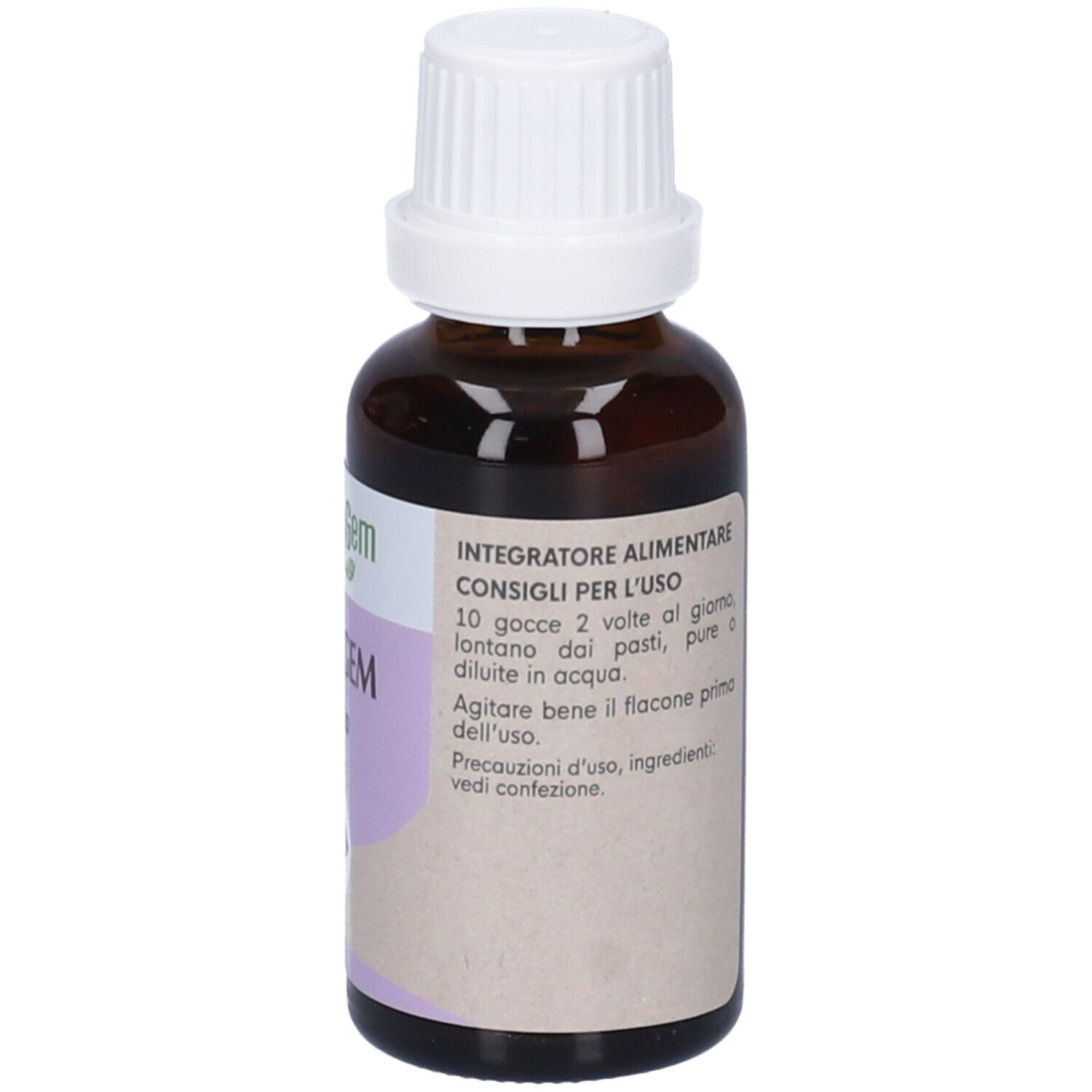 Flacone di vetro marrone con tappo bianco. Retro con testo. "HerbalGem Optigem Vista".