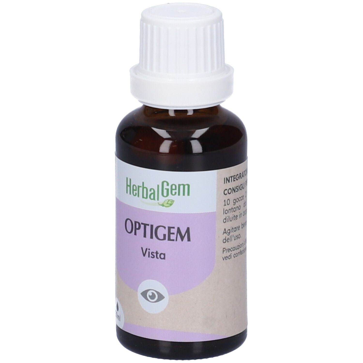 Flacone di vetro marrone con tappo bianco. Etichetta "HerbalGem Optigem Vista". 30ml.